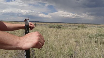 Farmer looking over range lands and clouds