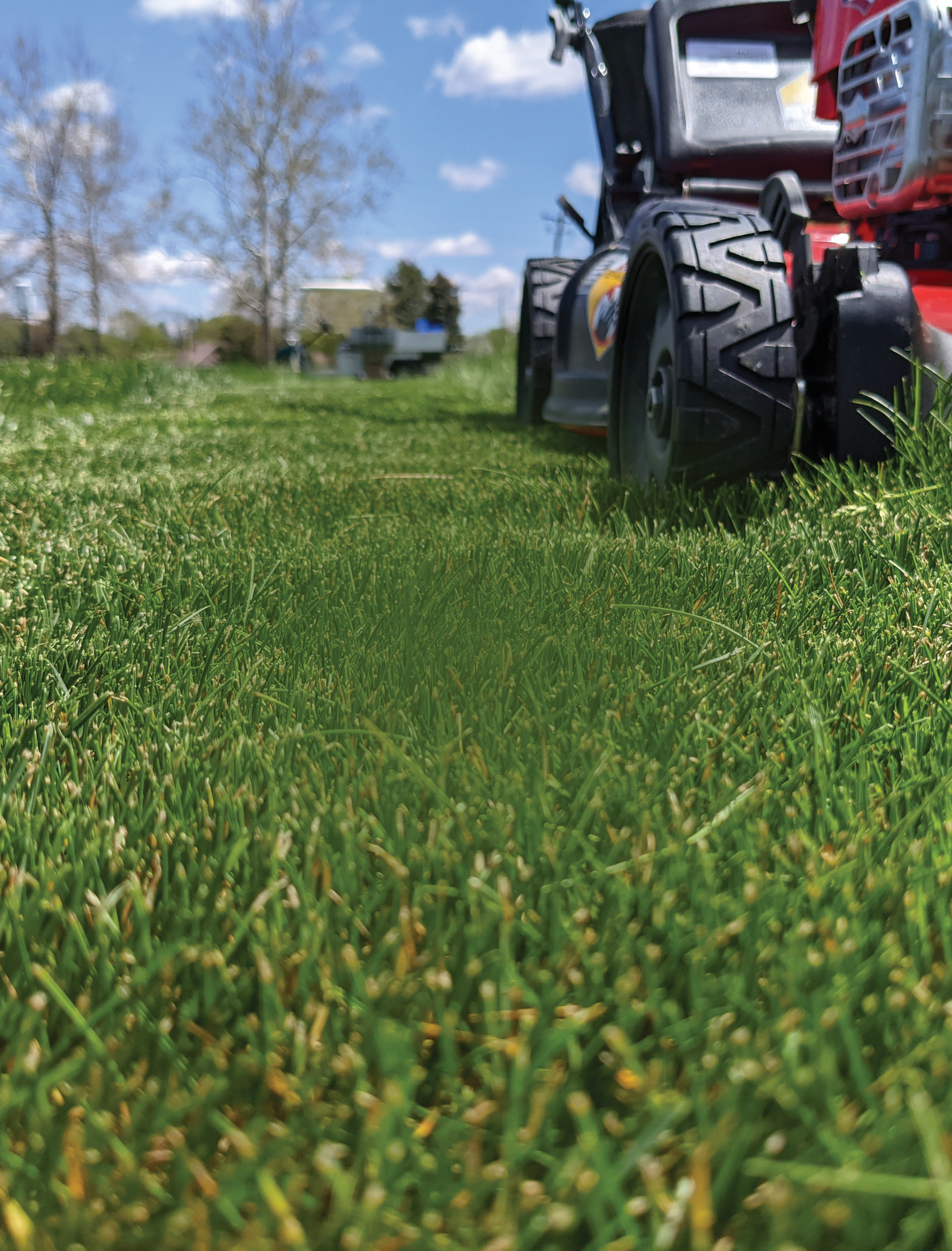 Opposite page: A lawnmower making its way through healthy turfgrass. Raising blade height encourages root growth, reduces irrigation requirements, and lowers greenhouse gas emissions. Photo by Ross Braun.