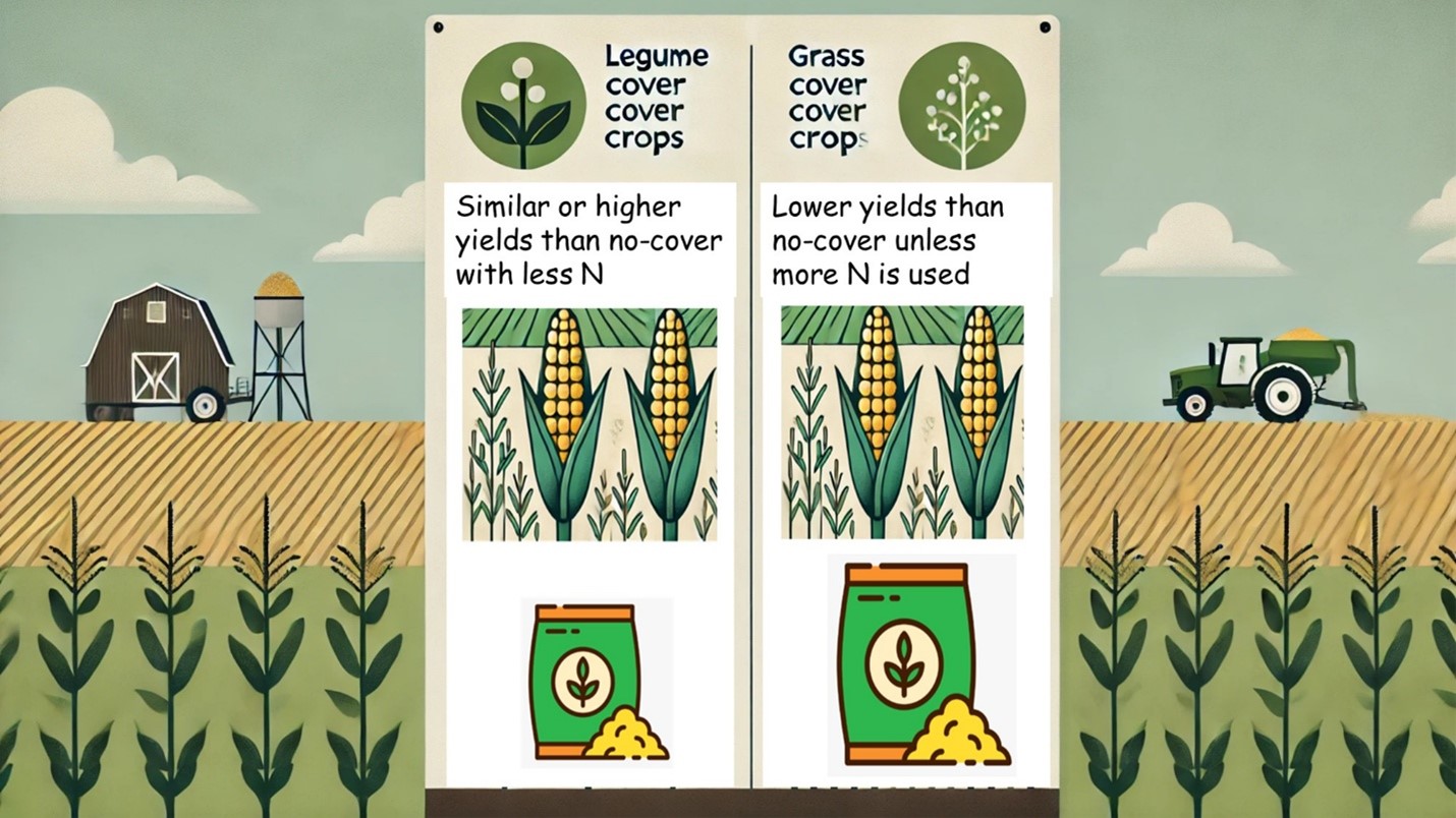 The nitrogen value of legume and grass cover crops to replace fertilizer to corn. Illustration by Guillermo Marcillo.