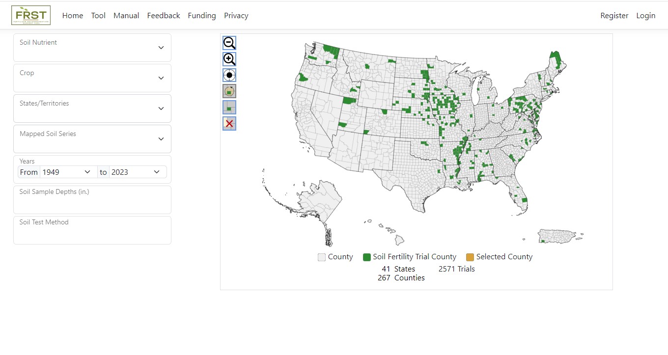 The Fertilizer Recommendation Support Tool (FRST) decision aid (https://frst.scinet.usda.gov/Tool) consists of an interactive map and soil test correlation and calibration data for phosphorus (P) and potassium (K) trials from 21 crops in 40 states and Puerto Rico.