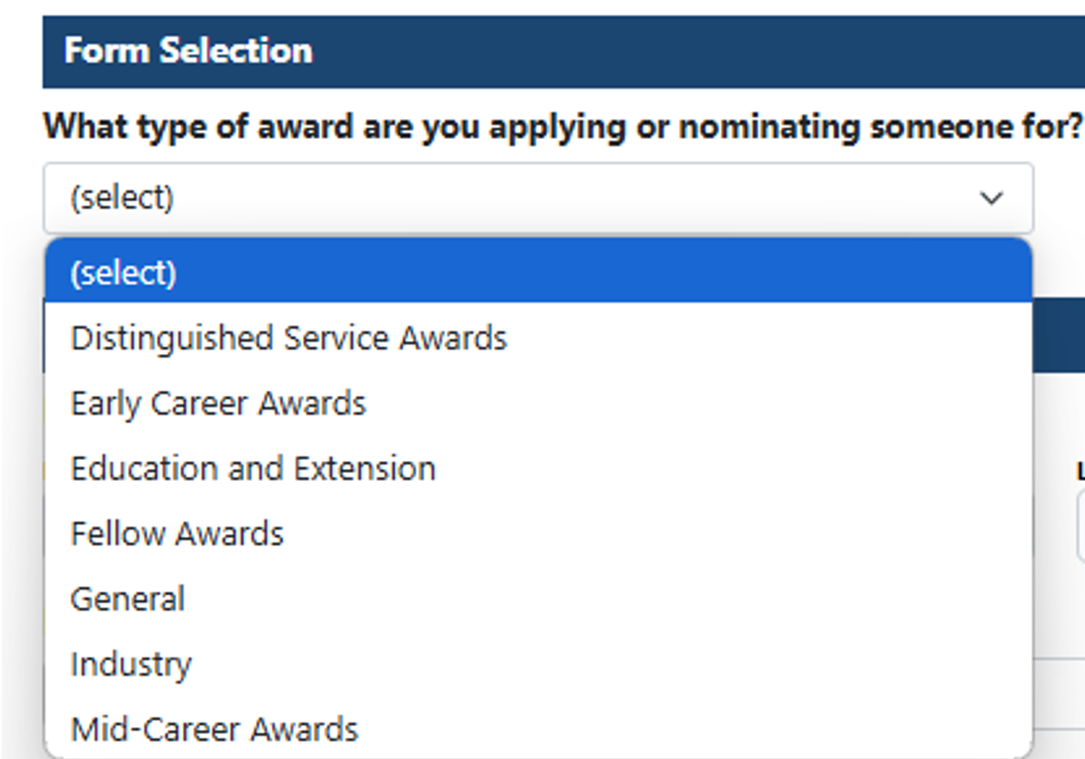 Award Applicants and nominators can use the drop-down to find the category that fits the nominee.