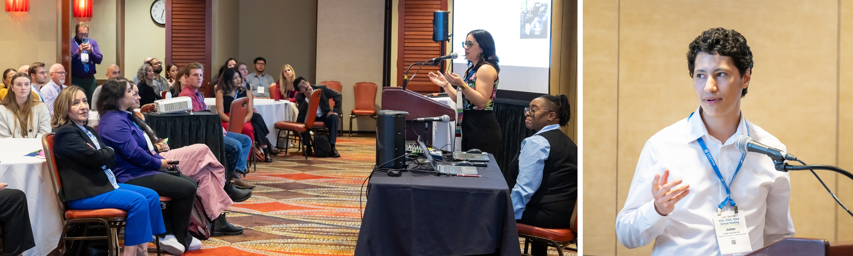 Caption: Students present their research in five-minute rapid talks in Spanish with bilingual slides. On the left is Patricia Marie Cordero-Irizarry, Mississippi State University, presenting her talk “De Los Ladrillos Al Suelo: Desarrollo Del Currículo De Suelos Del 4-H LEGO® Club.”  On the right is  Julian Avila Bernal, University of Florida, presenting his talk “Impacto De Diversas Prácticas De Conservación En La Productividad De Pastizales y Emisiones De Gases De Efecto Invernadero.”